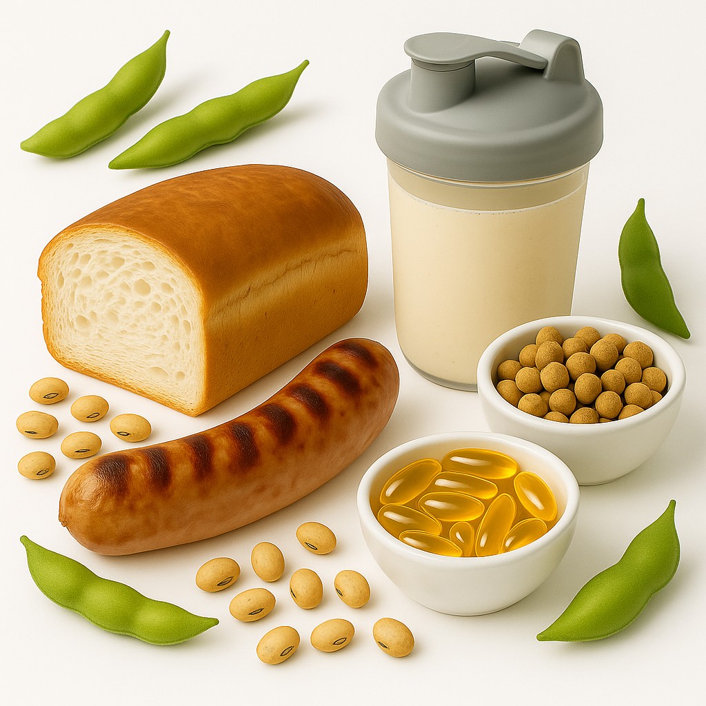 VIOSOY Sojaprodukte Anwendungen: Brotlaib, Grillwurst, Proteinshaker, Tierfutter, Nahrungsergänzungskapseln mit Sojabohnen und Sojaschoten.